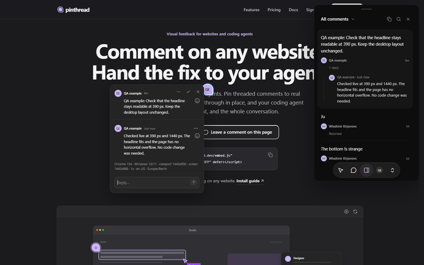 Actual pinthread homepage with the QA example comment open at 1440 pixels