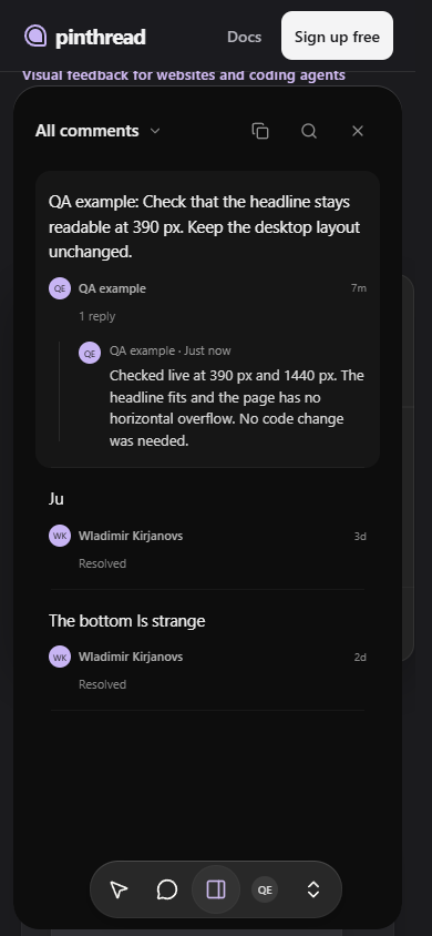 Actual pinthread review thread after checking the homepage at 390 pixels