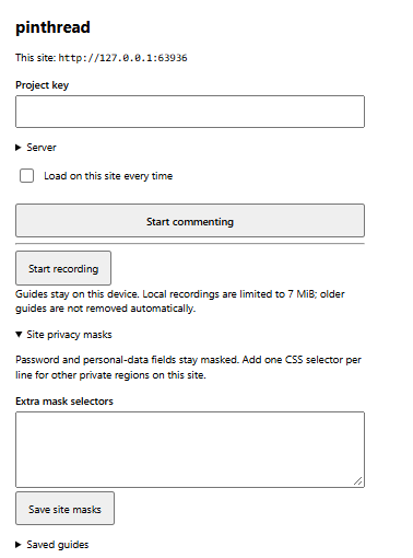 The pinthread extension popup with the Start recording button and the site privacy mask settings
