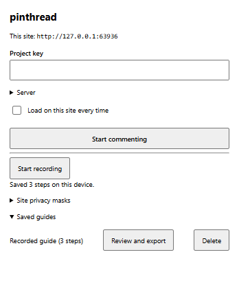 The Saved guides list with a locally recorded sample guide, its step count, and the Review and export button